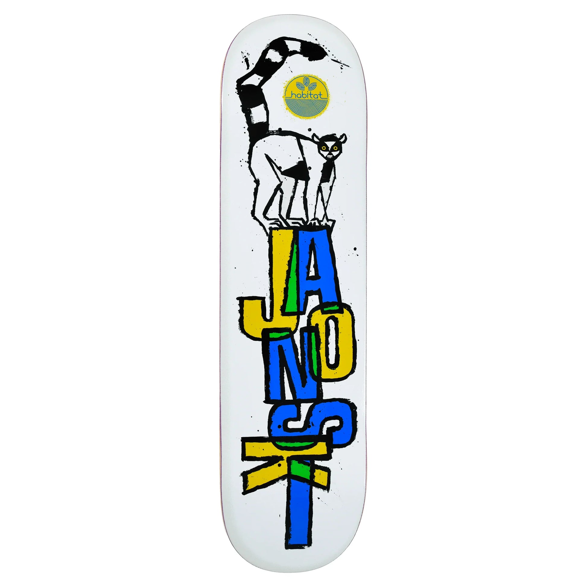 Skateboard deck with a cat illustration and colorful text on a white background