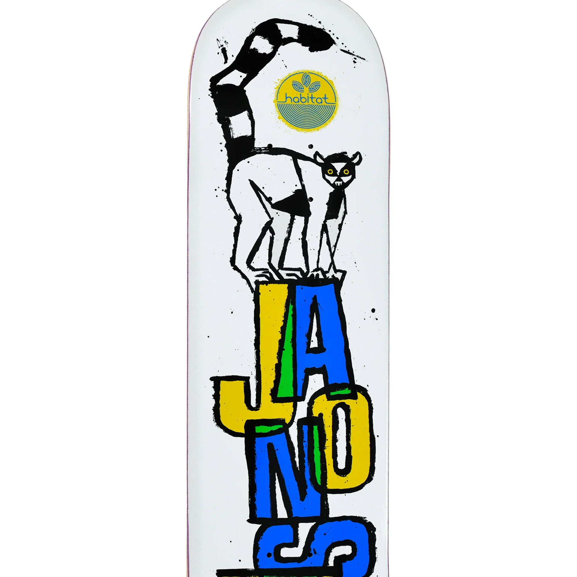 Skateboard deck with a cat illustration and colorful text on a white background