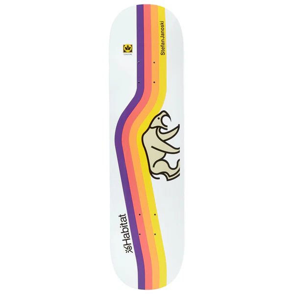 Skateboard deck with colorful stripe design and logo on a white background