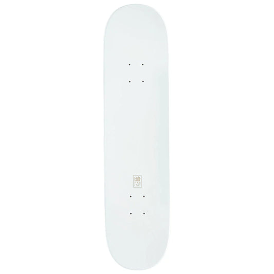White skateboard deck with a logo on a white background