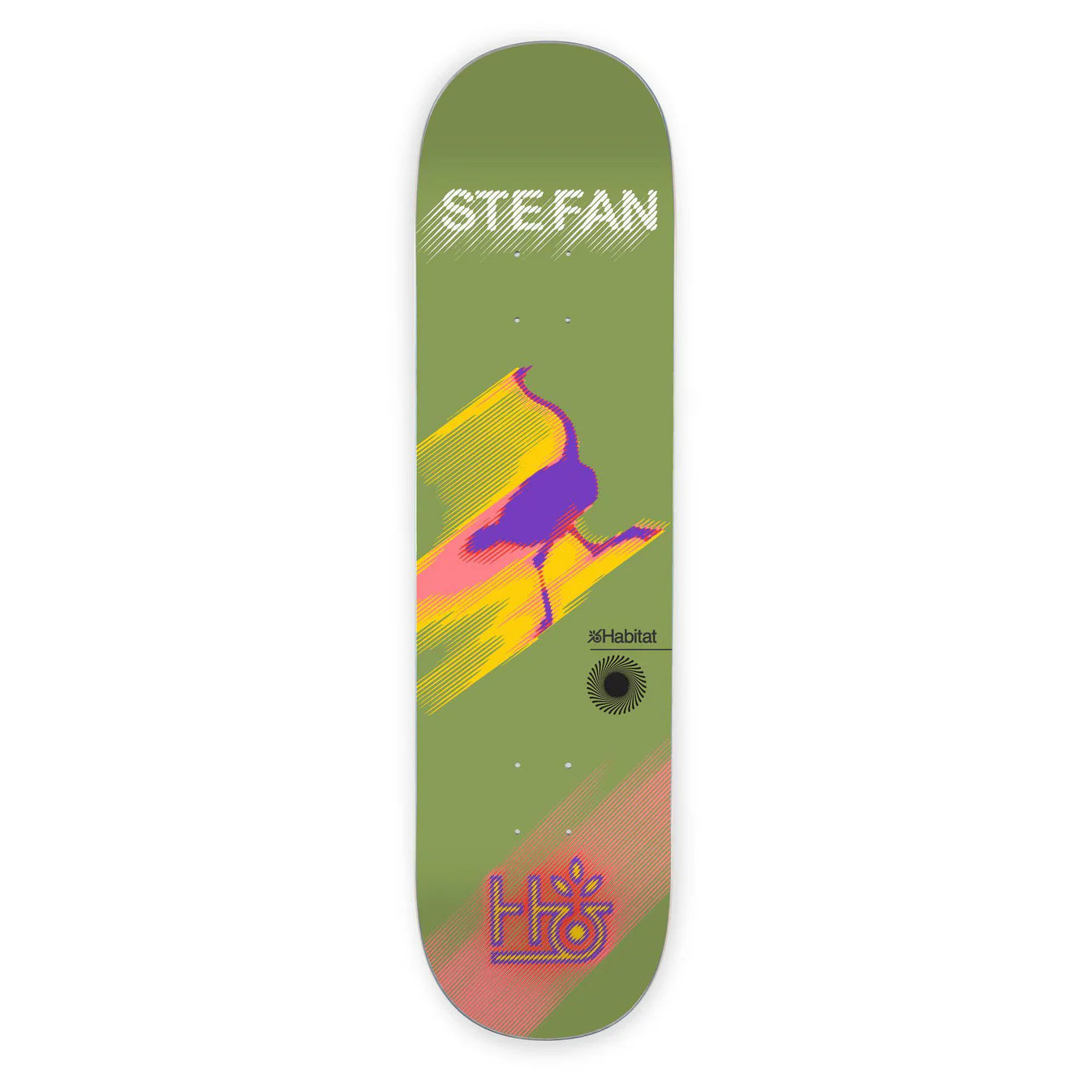 Skateboard deck with colorful design and 'STEFAN' branding on a green background