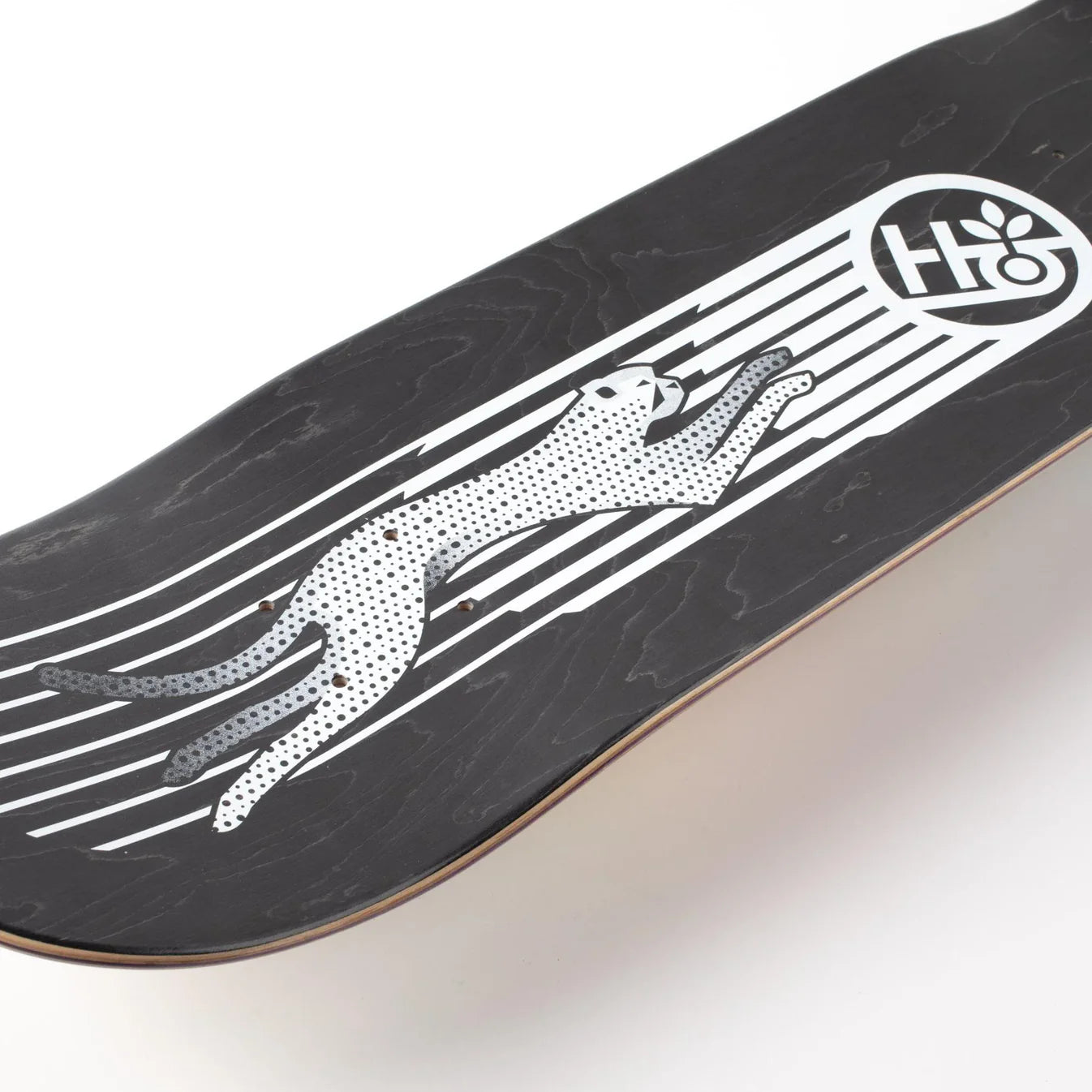 Skateboard deck with a cheetah design and a logo on a white background