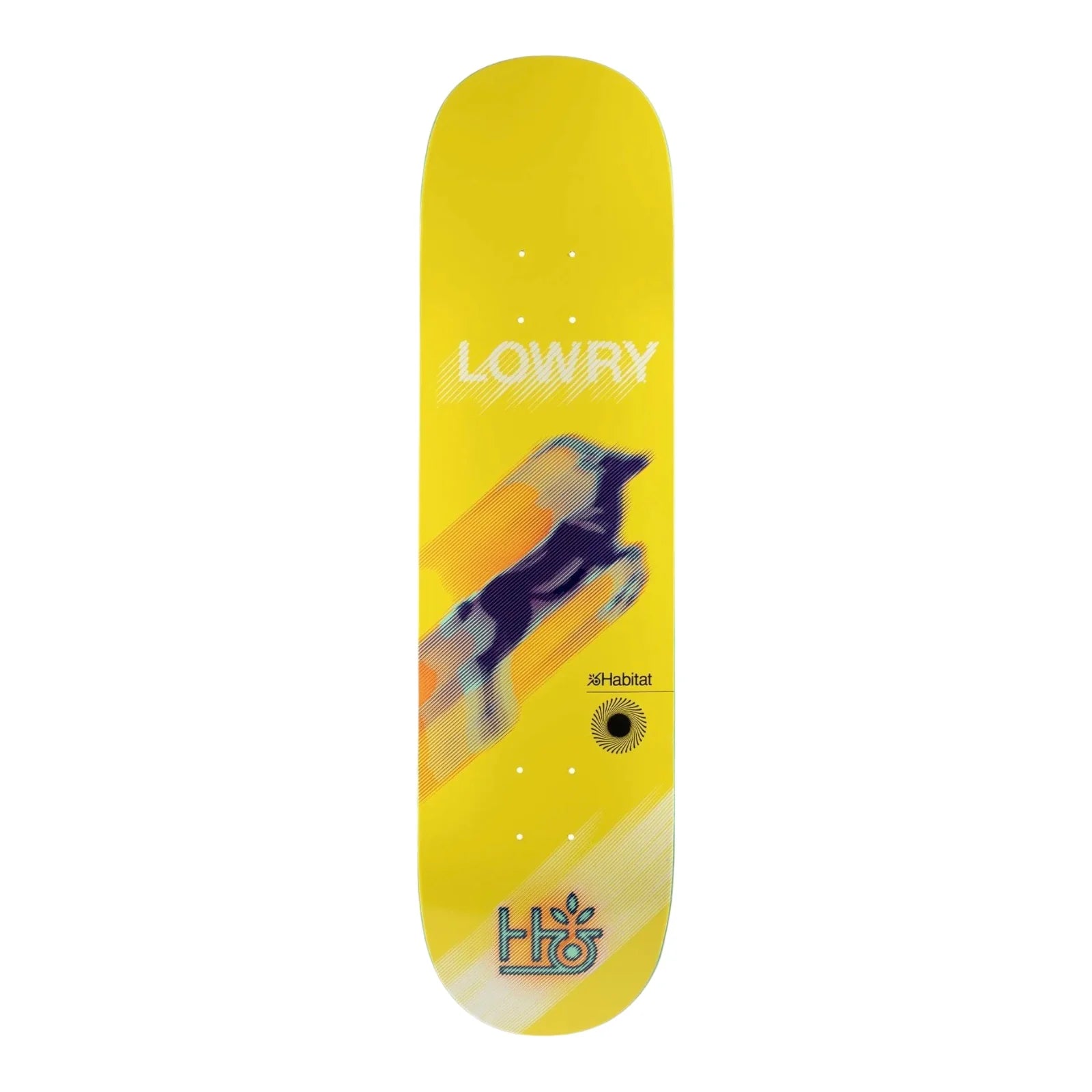 Yellow skateboard deck with a graphic of a leaping animal and 'LOWRY' branding on a white background.
