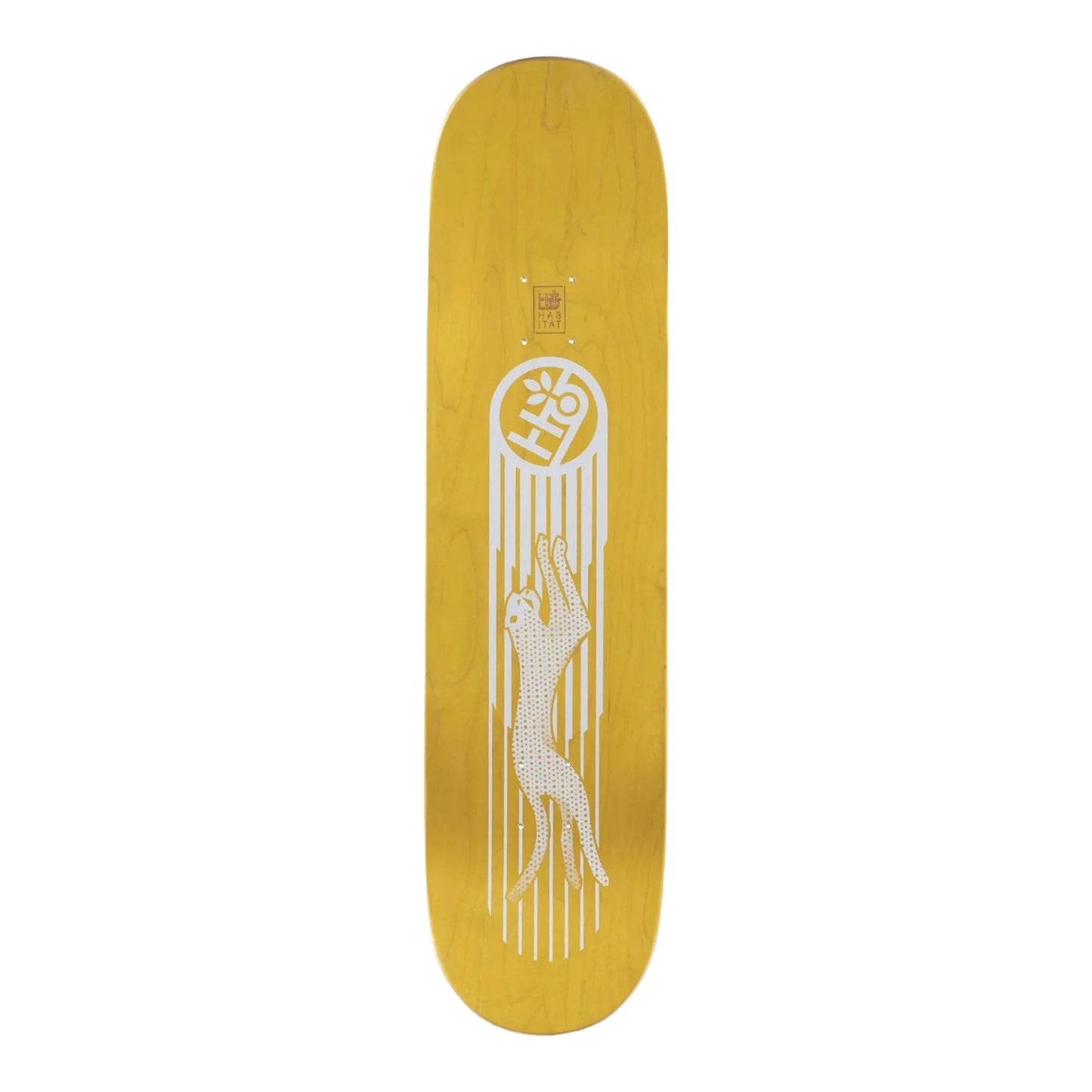 Yellow skateboard deck with a white graphic design on a white background