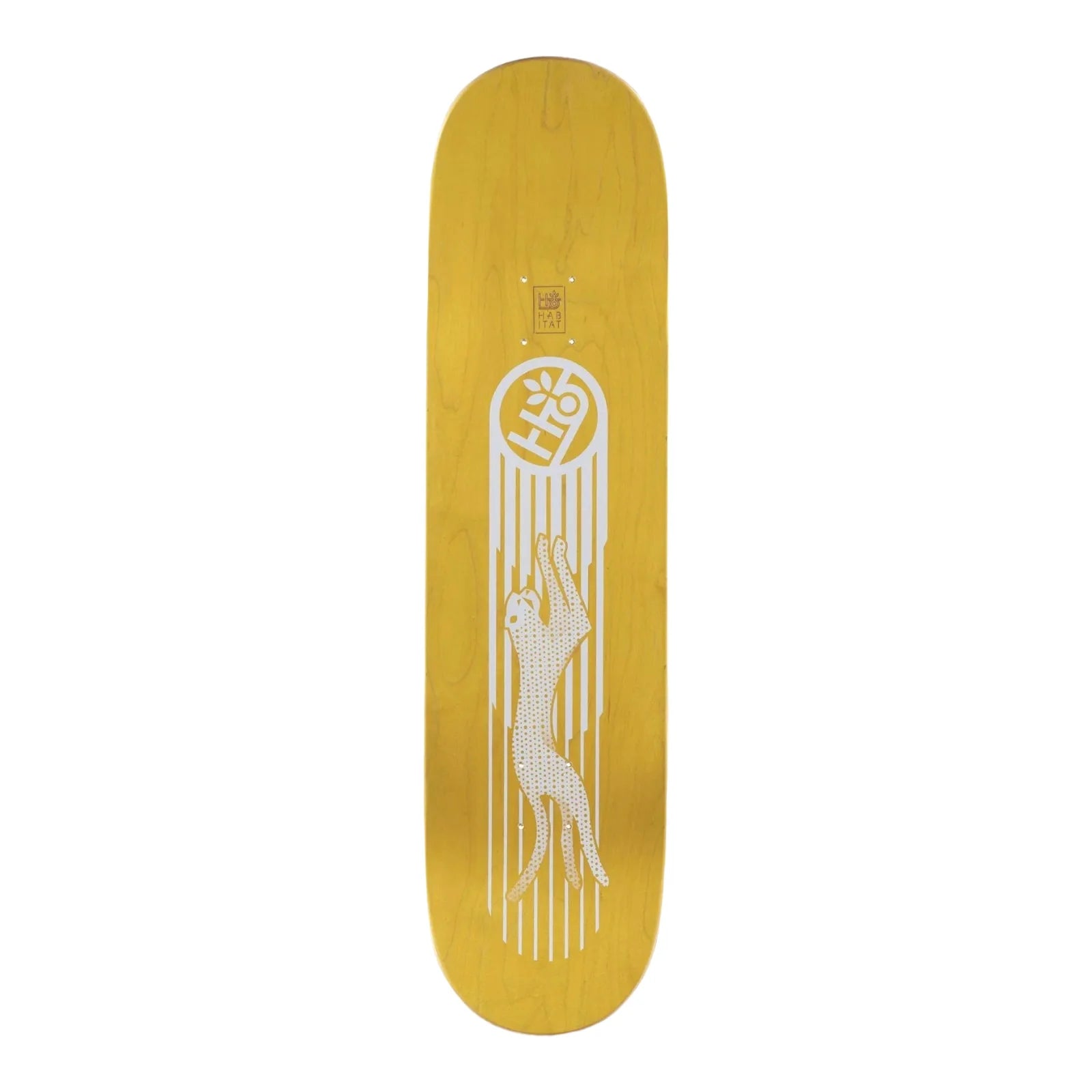 Yellow skateboard deck with a white graphic design on a white background