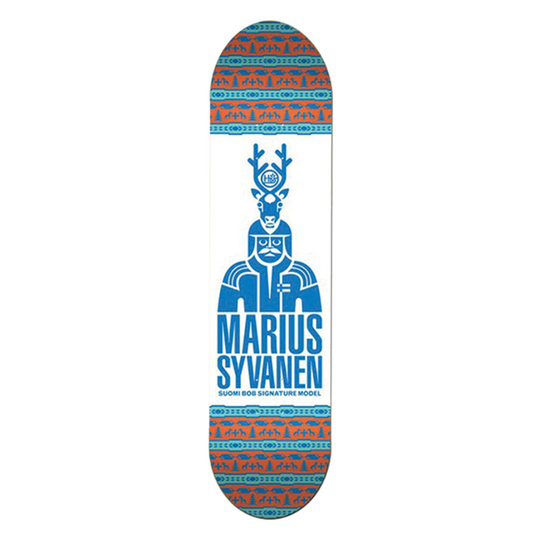 Skateboard deck with decorative design and 'Marius Svanen' branding on a white background