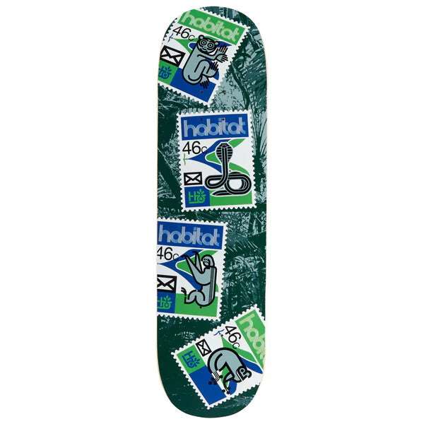 Skateboard deck with multiple 'habitat' logos on a green background