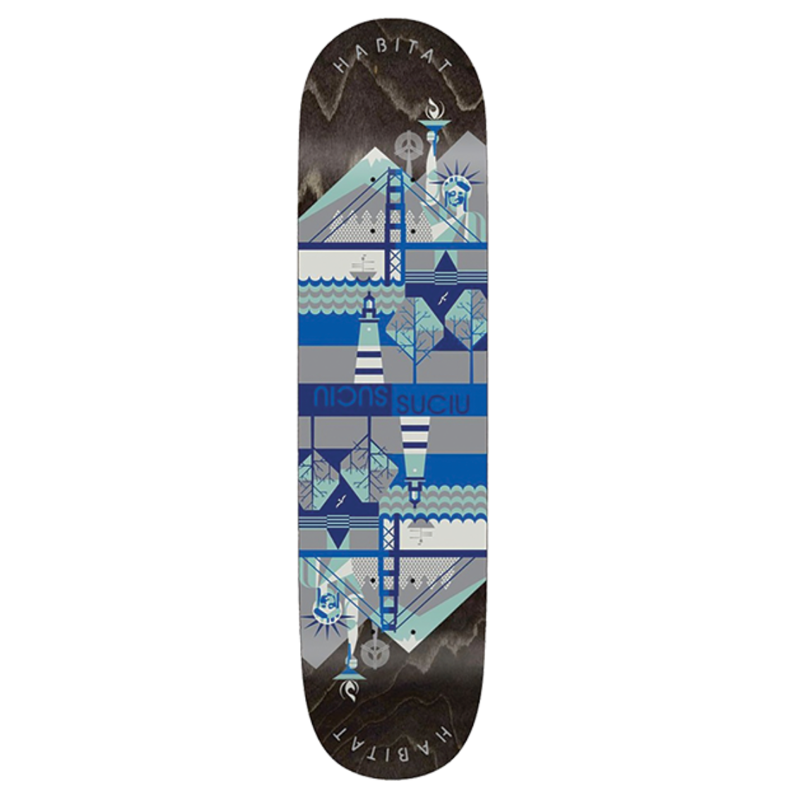 Skateboard deck with geometric pattern on a white background