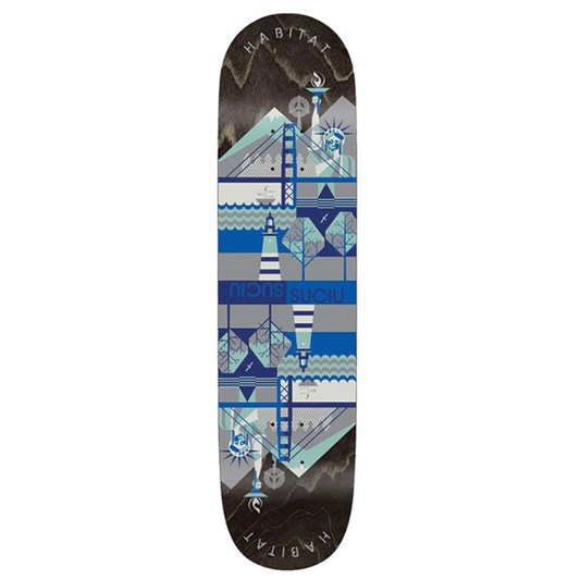 Skateboard deck with geometric pattern on a white background
