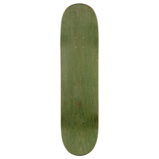 A green wooden skateboard deck shown vertically against a plain white background.