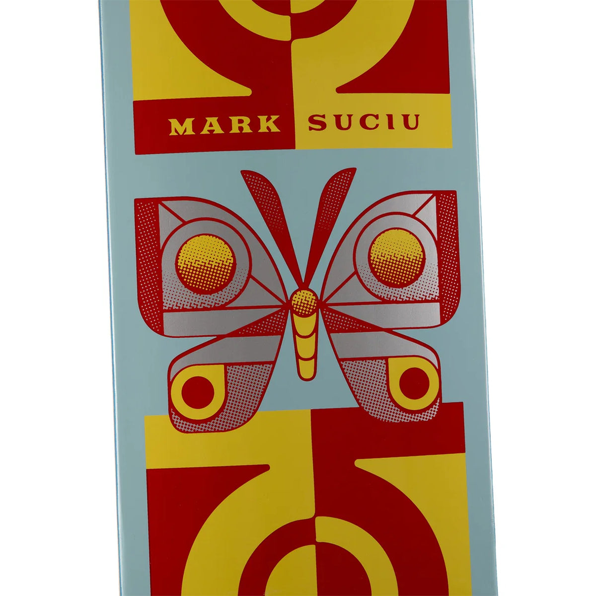 A close-up of a graphic art print featuring a stylized butterfly in red and yellow halftone patterns on a light blue background, with the text 'MARK SUCIU' printed at the top.