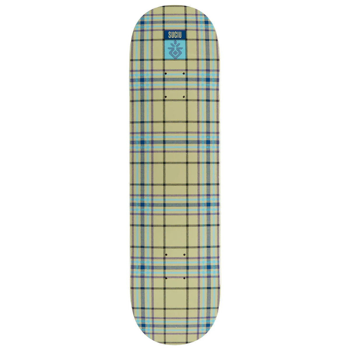 Skateboard deck with plaid pattern and visible brand logo on a white background
