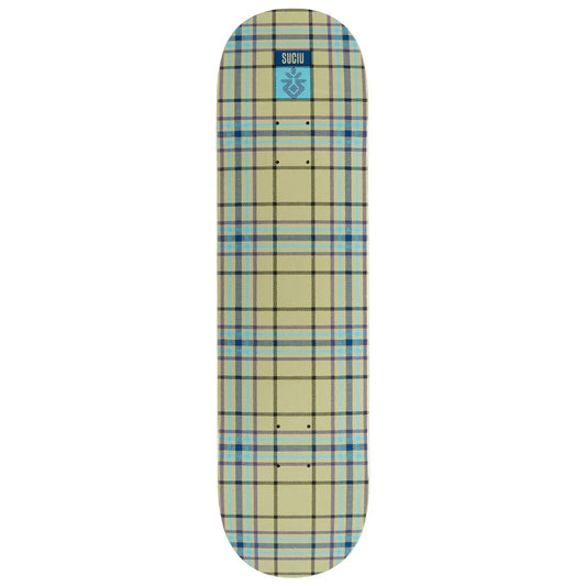 Skateboard deck with plaid pattern and visible brand logo on a white background