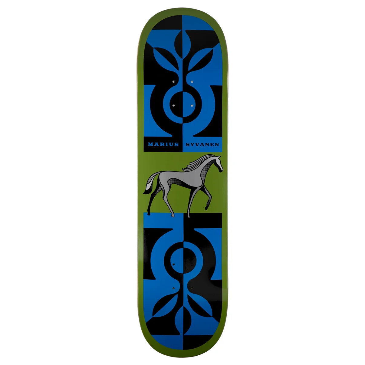 A skateboard deck featuring a symmetrical design with a green border, blue and black abstract geometric patterns, and a gray horse graphic in the center. The text 'MARIUS SYFANEN' is printed below the top design.