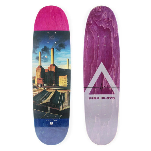Skateboard deck with Pink Floyd artwork on a white background