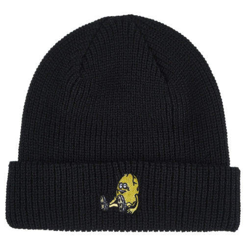 Black beanie with a yellow character design on a white background
