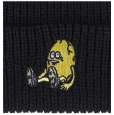 Black knitted hat with a yellow cartoon character on a white background