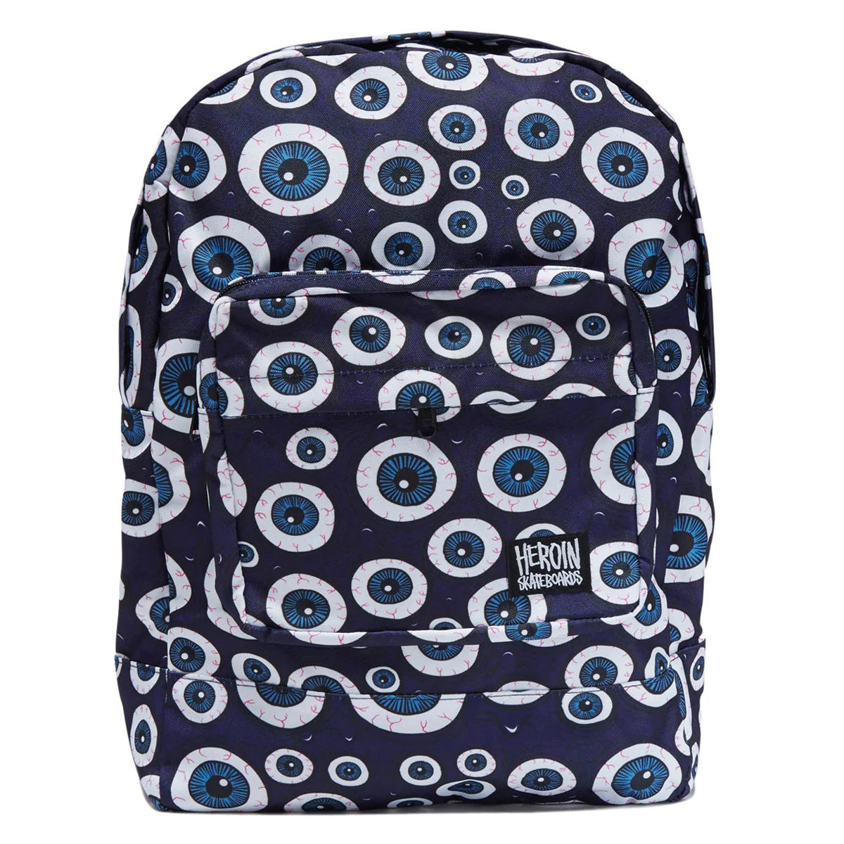 A navy blue backpack with an all-over white and blue eye print, featuring a front zip pocket and a black and white HERON brand patch.