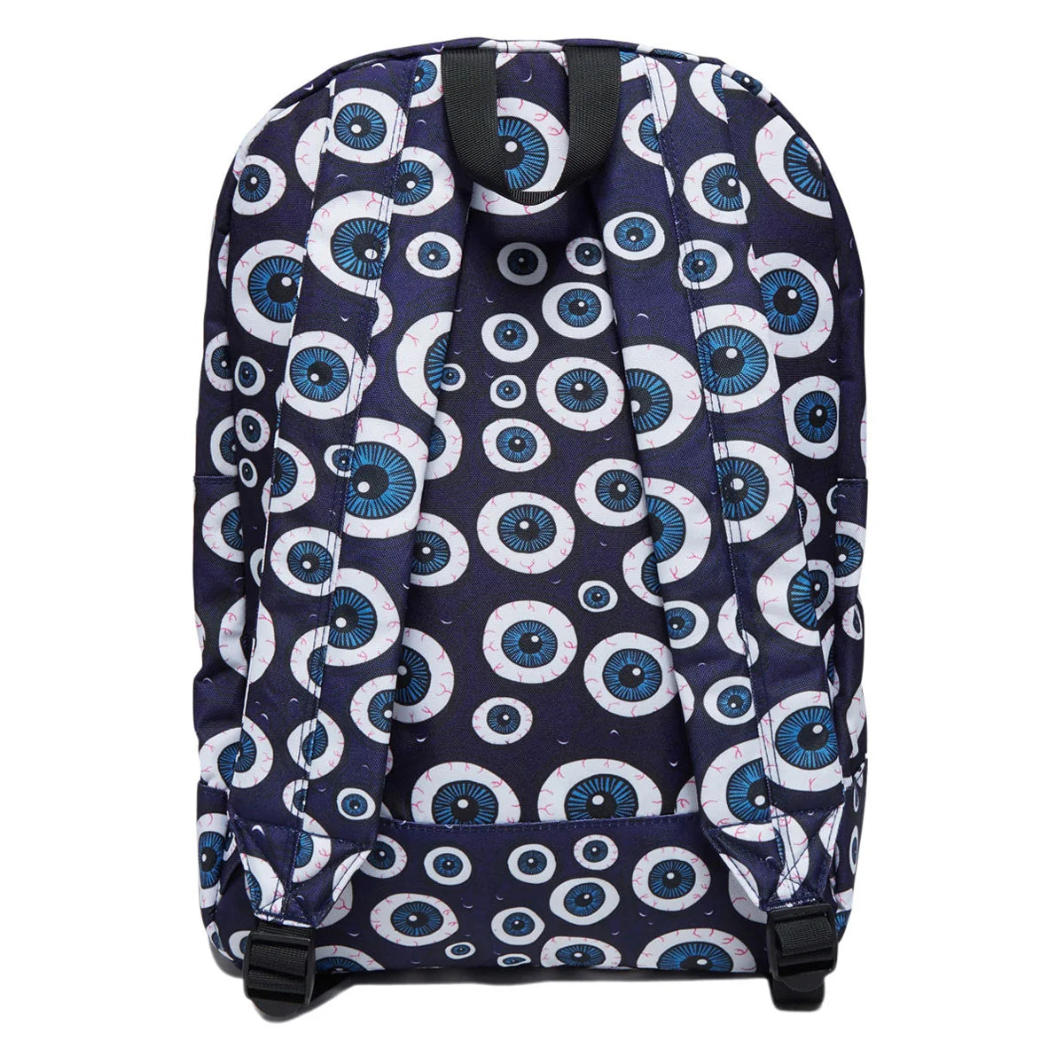 A backpack featuring an all-over repeating pattern of stylized blue and white eyeballs on a dark navy background, shown from the back against a plain white background.