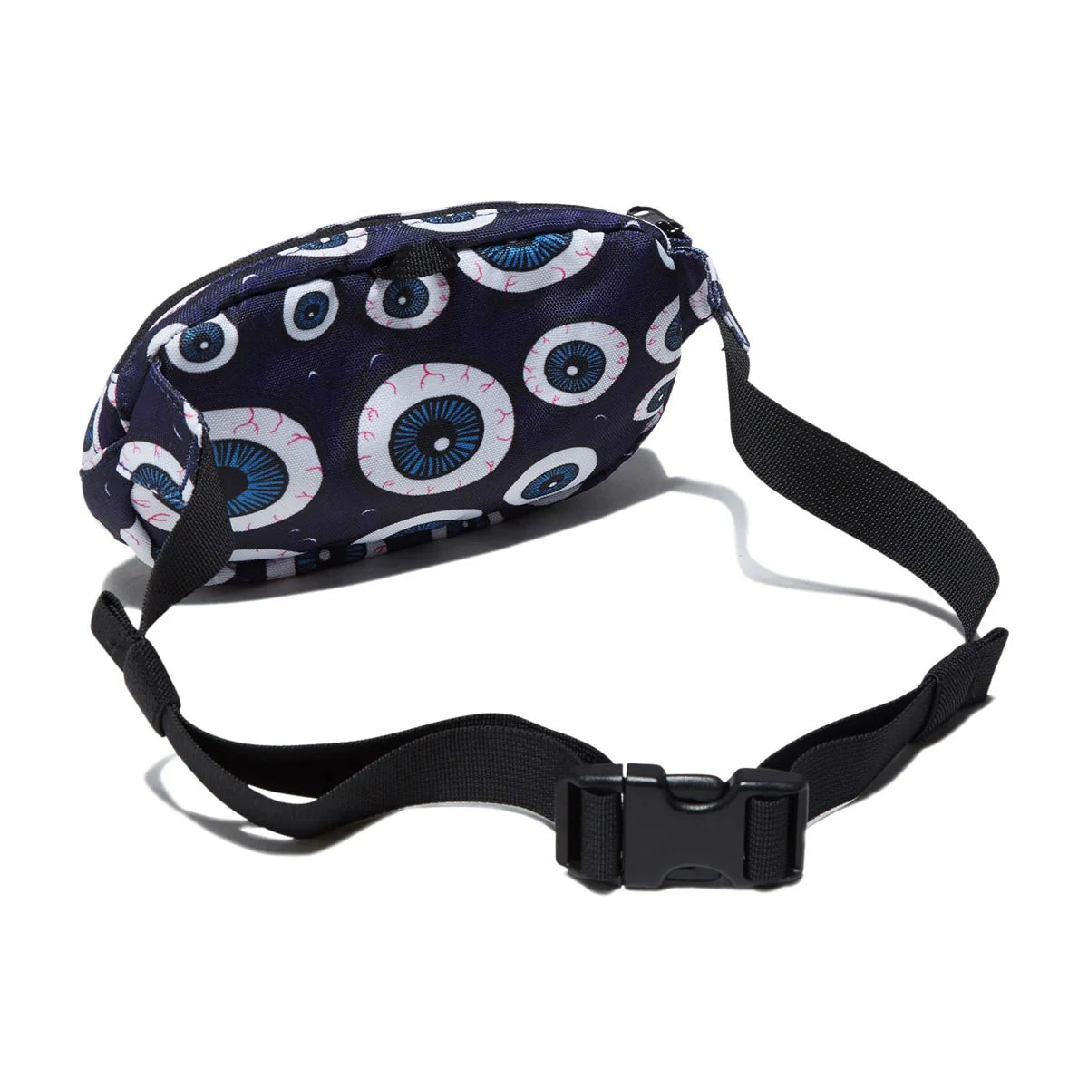 A small black waist bag with a black adjustable strap and plastic buckle, featuring a dark navy blue fabric printed with a repeating pattern of large white and blue eyeballs, shown on a white background.