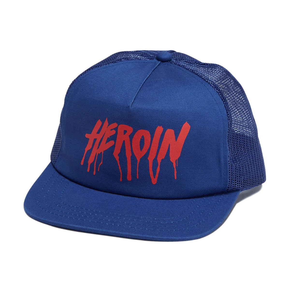 A royal blue trucker hat with a red dripping 'HEROIN' text graphic on the front, set against a plain white background.