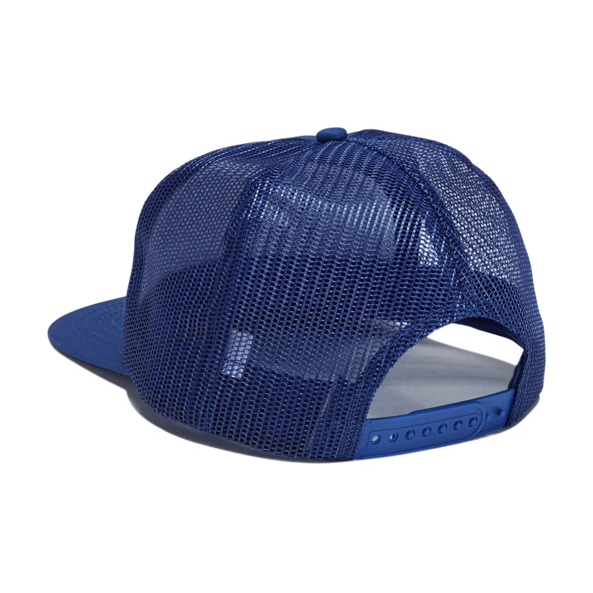 A blue trucker-style snapback cap shown from the back, featuring a blue mesh back and a solid blue flat brim, photographed on a clean white background.