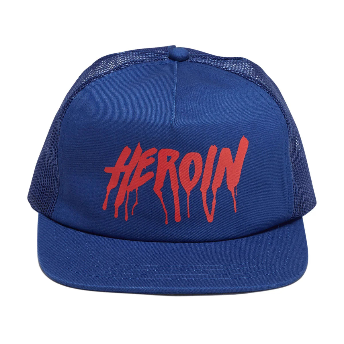 A blue trucker hat with a red dripping 'HEROIN' text graphic on the front, set against a plain white background.