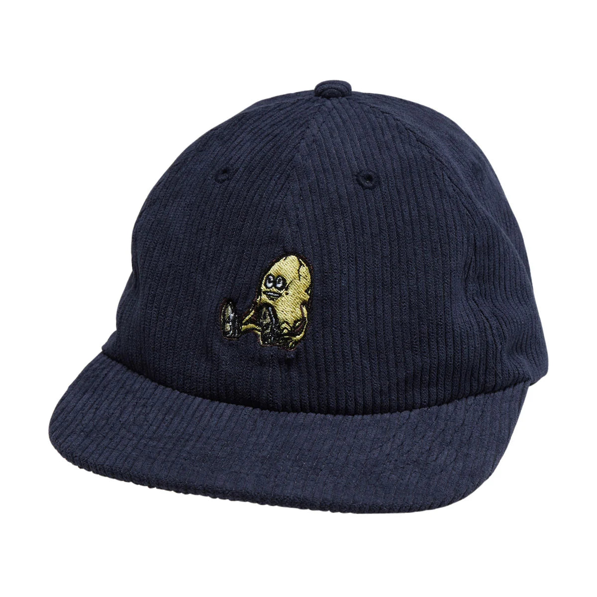 A navy blue corduroy baseball cap featuring a small embroidered cartoon character on the front, set against a plain white background.