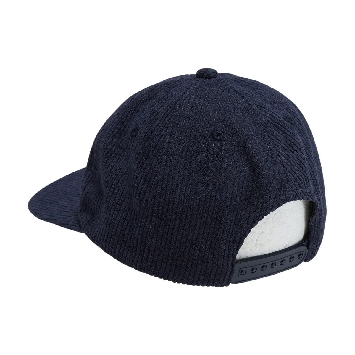 A dark navy blue corduroy baseball cap shown from a side-back angle, featuring a white fleece lining visible at the back opening and a black plastic snap closure.