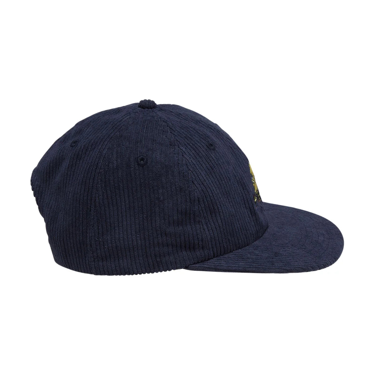 A dark navy blue corduroy baseball cap with a small yellow embroidered logo on the side, shown against a plain white background.