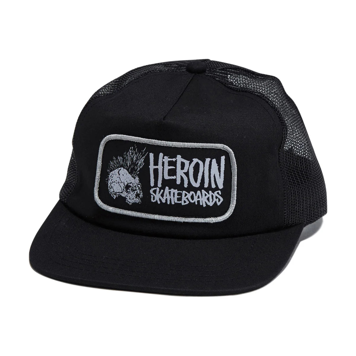A black trucker hat with a rectangular embroidered patch on the front. The patch features a white skull with a mohawk and the text 'HEROIN SKATEBOARDS' in white and gray.