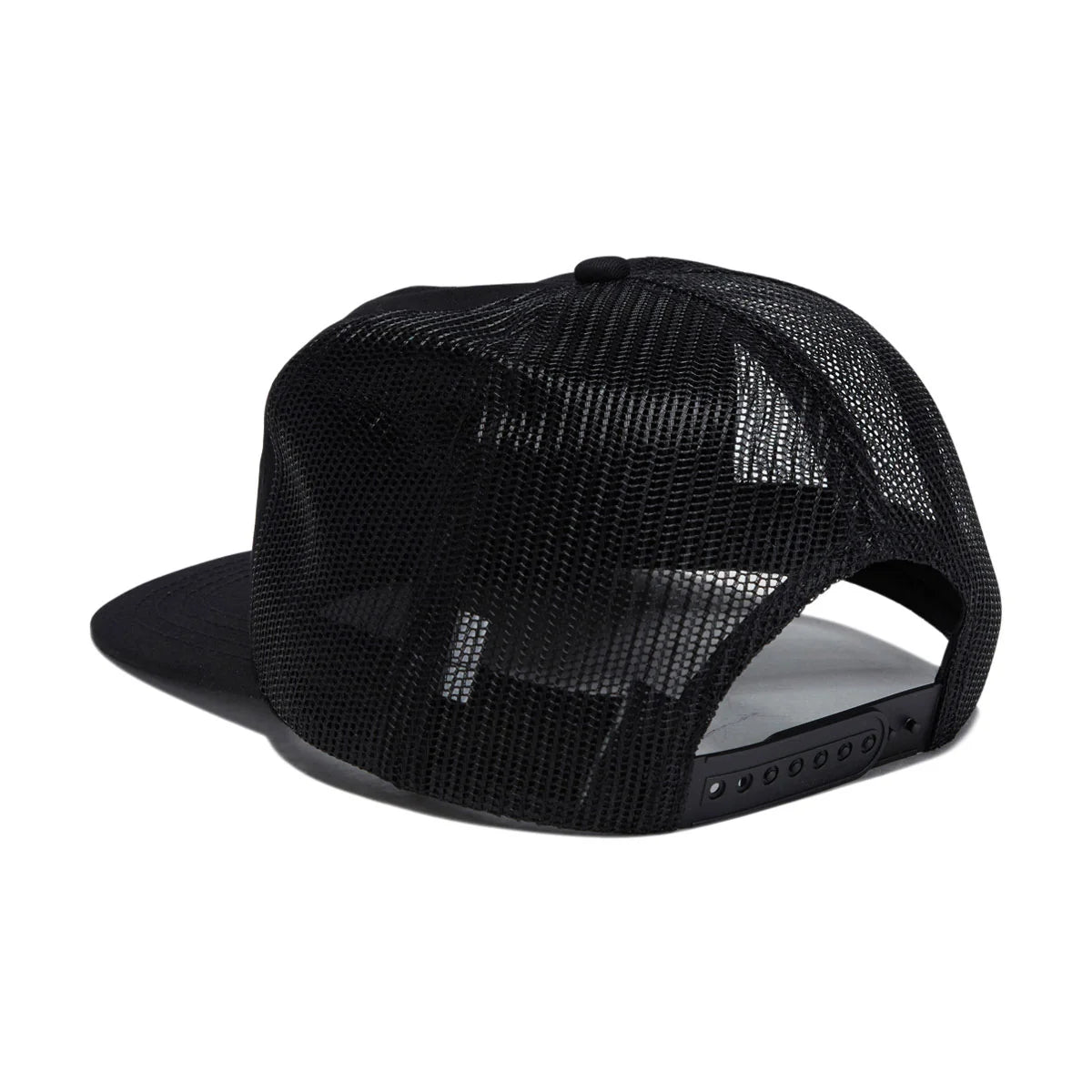 A black trucker-style snapback cap with a black mesh back and a solid black flat brim, shown from a three-quarters angle on a white background.