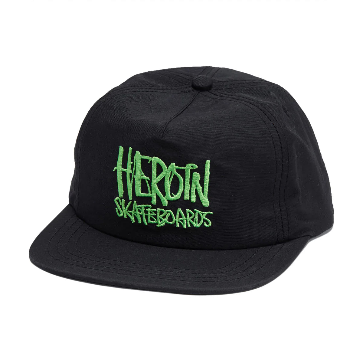 Black cap with green text on a white background