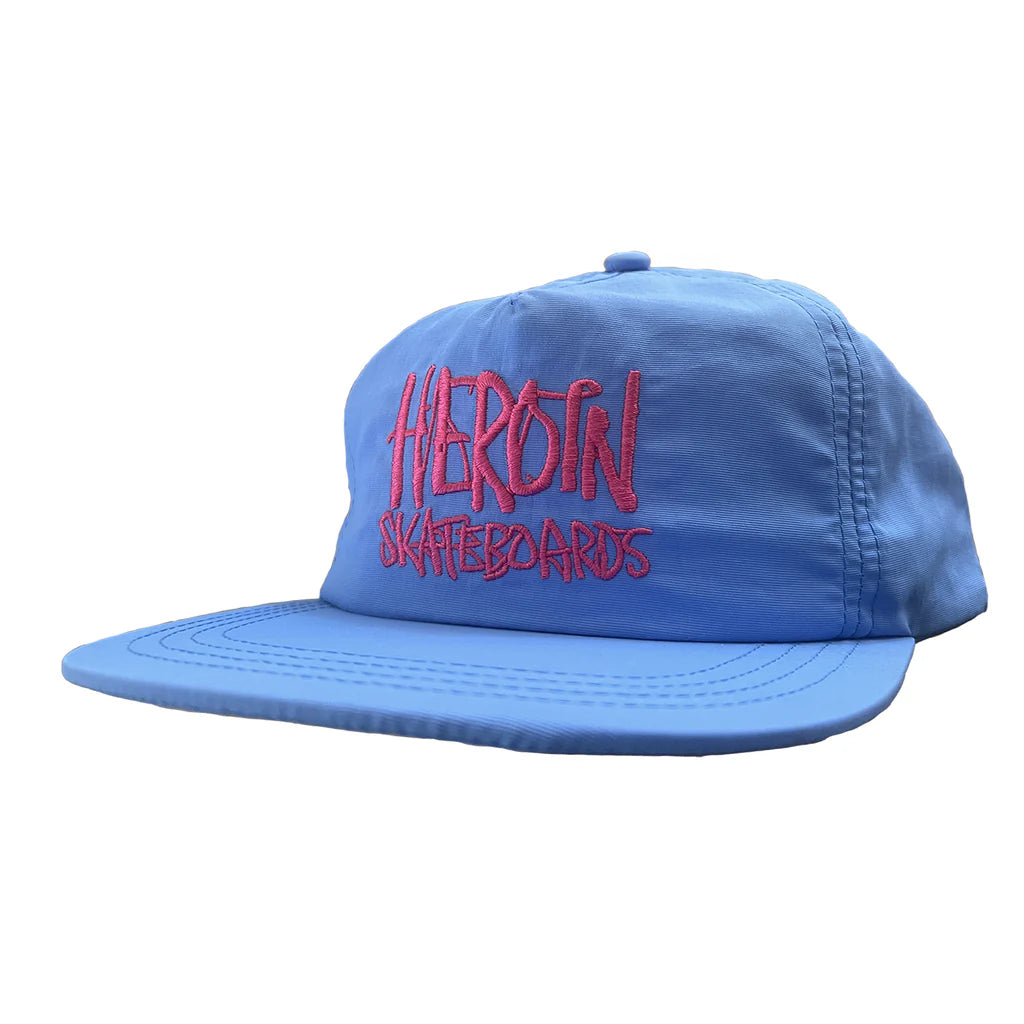 Blue cap with red text on a white background