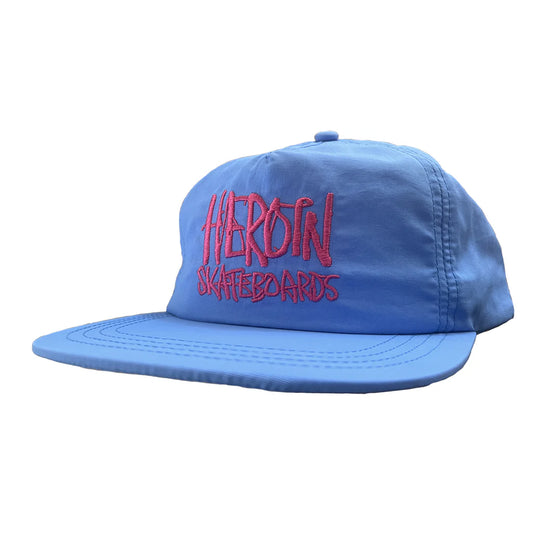 Blue cap with red text on a white background