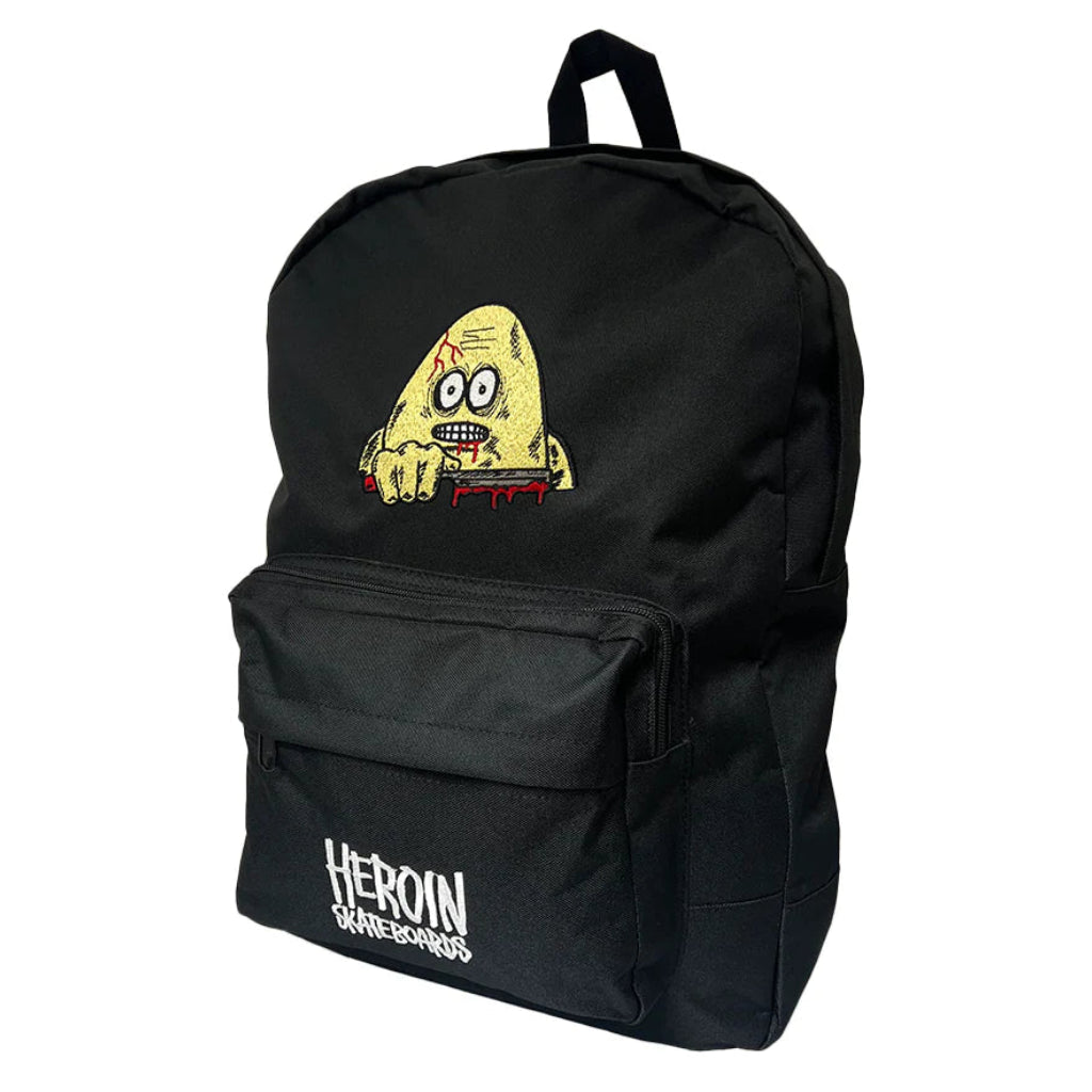 Black backpack with a yellow character design and 'Heroin' branding on a white background