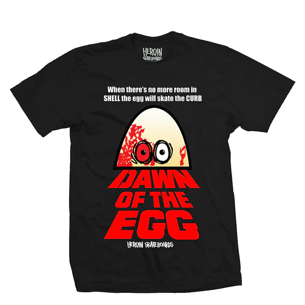 Black t-shirt with a graphic design featuring an egg and text on a white background