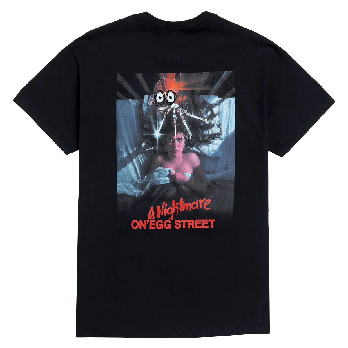Black t-shirt with a graphic design of a character and text 'A Nightmare on Egg Street' on a white background
