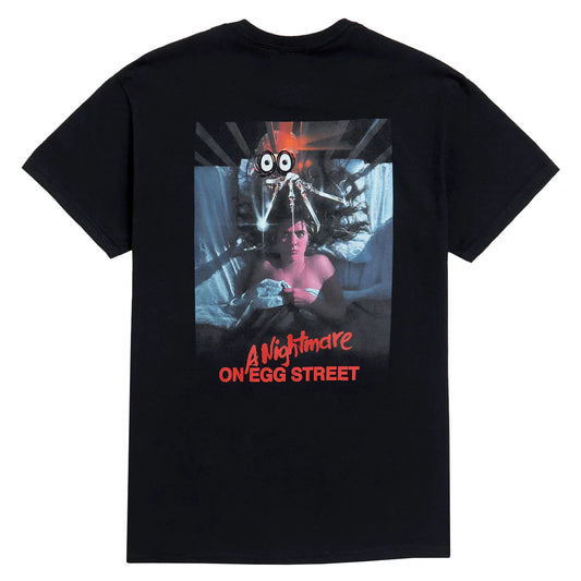 Black t-shirt with a graphic design of a character and text 'A Nightmare on Egg Street' on a white background