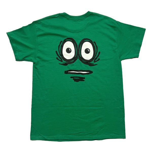 Green t-shirt with a cartoon face design on a white background