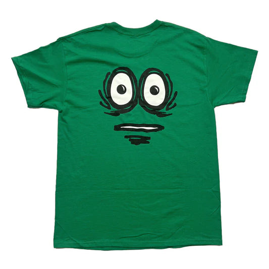 Green t-shirt with a cartoon face design on a white background
