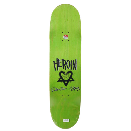 Green skateboard deck with 'Heroin' logo on a white background