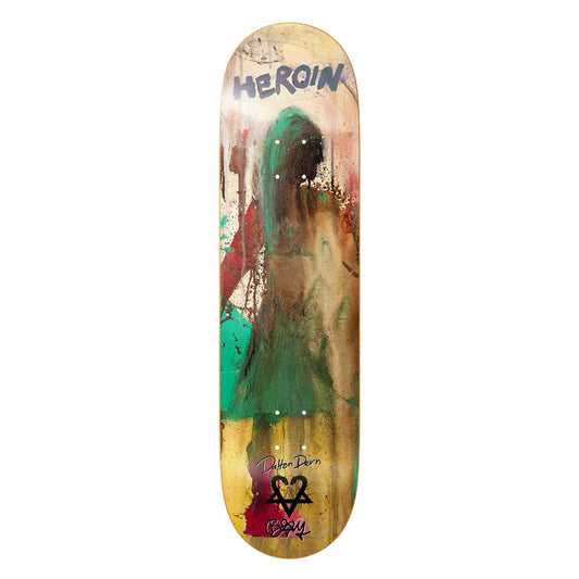 Skateboard deck with colorful design and 'Heroin' branding on a white background