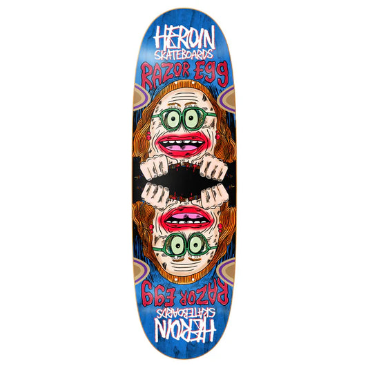 Skateboard deck with a colorful design featuring a face and text on a white background