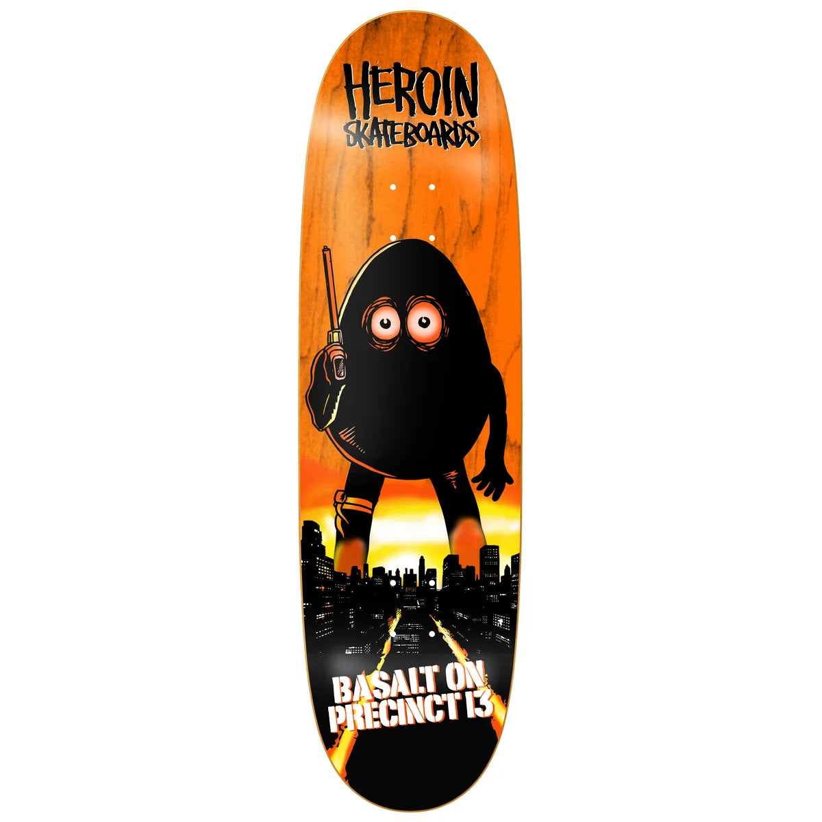 A skateboard deck featuring a graphic design with an orange woodgrain background, a large black cartoon character holding a walkie-talkie, and a black city skyline at the bottom. The text 'HEROIN SKATEBOARDS' is printed at the top, and 'BASALT ON PRECINCT 13' is printed at the bottom.
