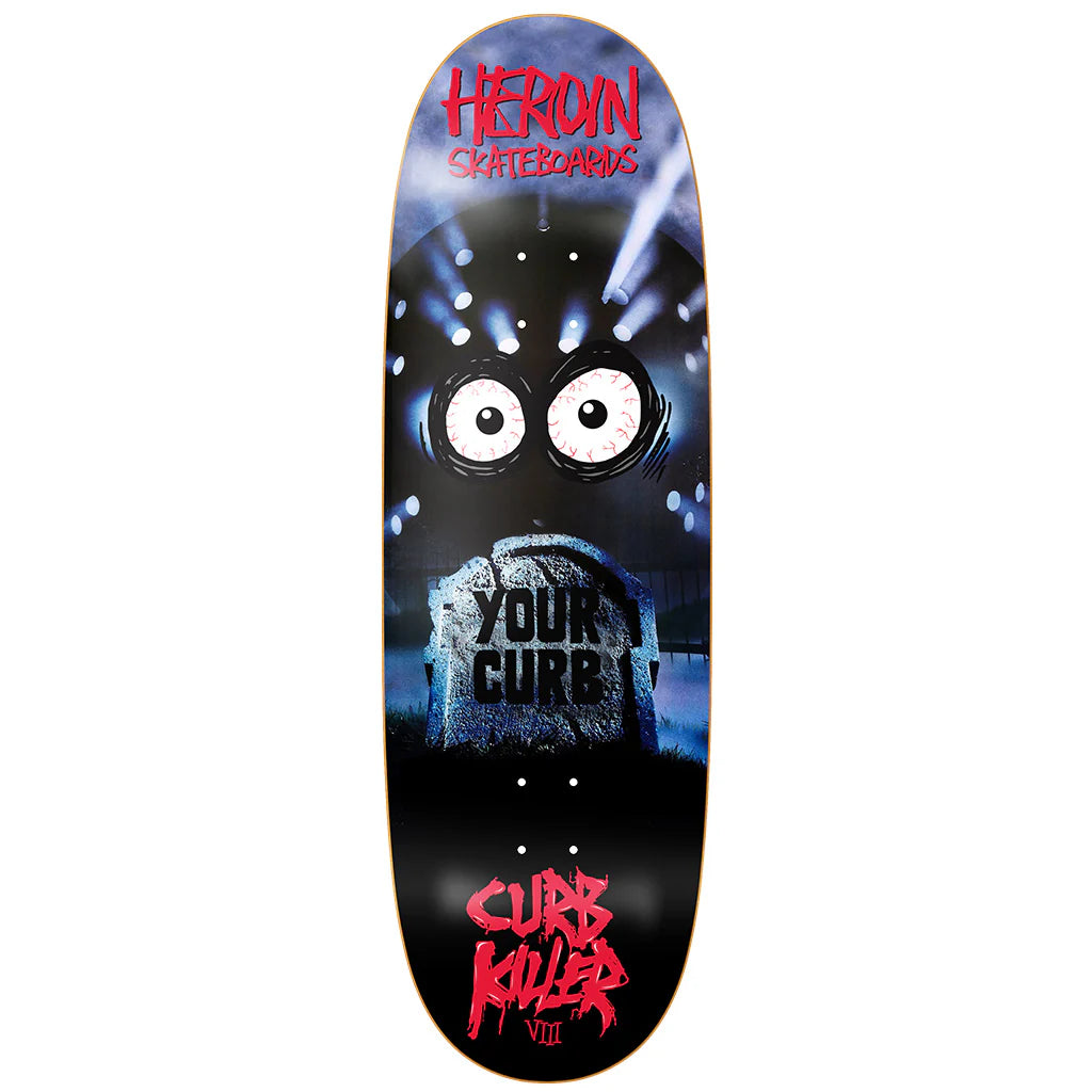Skateboard deck with graphic design and text on a white background