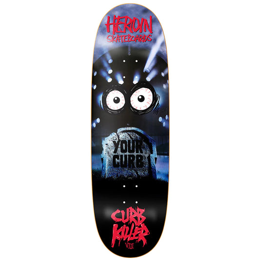 Skateboard deck with graphic design and text on a white background
