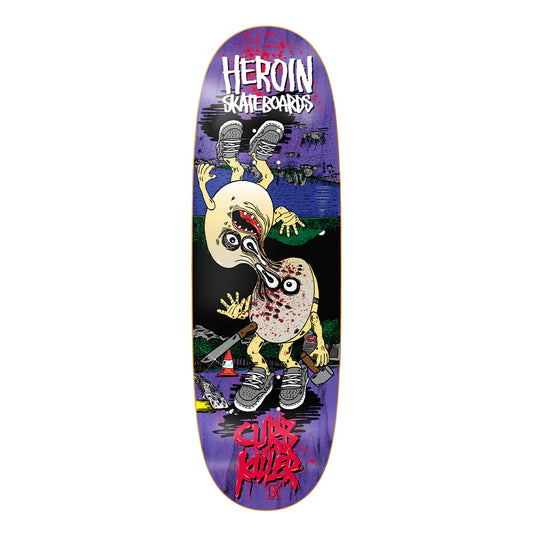 Skateboard deck with a graphic design and 'Heroin Skateboards' branding on a white background