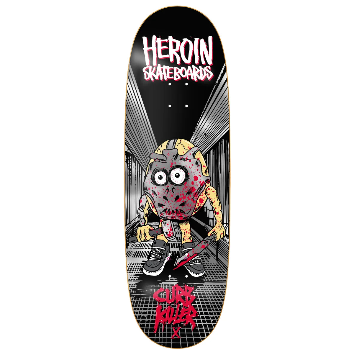 A skateboard deck shown vertically against a plain white background. The deck features a graphic illustration of a cartoonish bloody head character in a hallway, with the text 'HEROIN SKATEBOARDS' at the top and 'curb killer x' at the bottom.