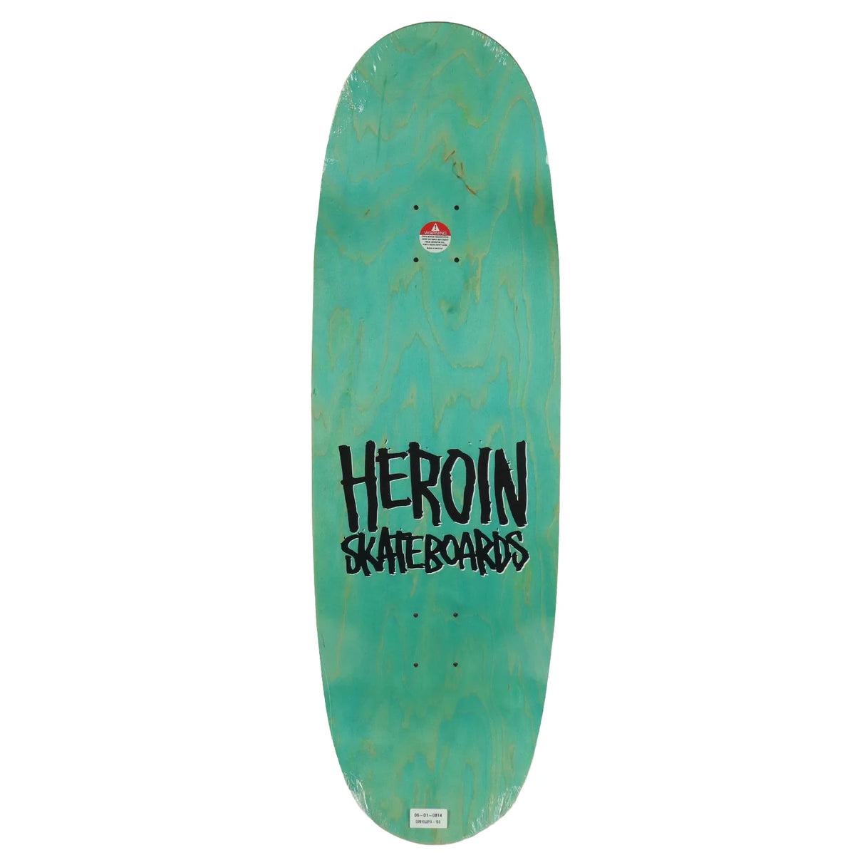 A teal green skateboard deck with a prominent black 'HEROIN SKATEBOARDS' logo printed in the center, shown against a plain white background.